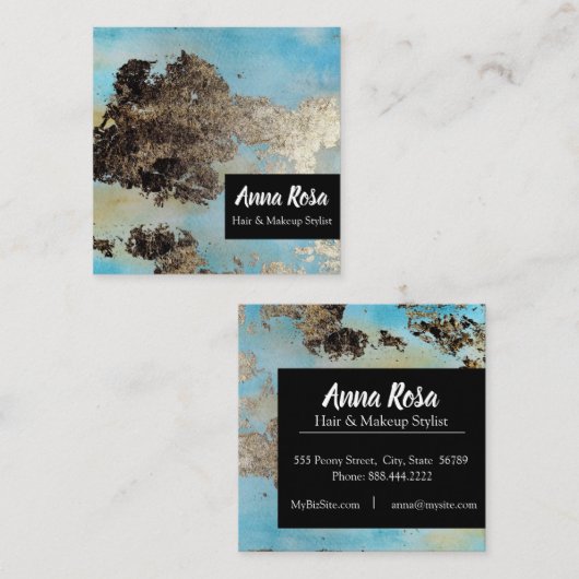 *Abstractの水彩画の青い銀製の黒い刺激 スクエア名刺 (正面/裏面)