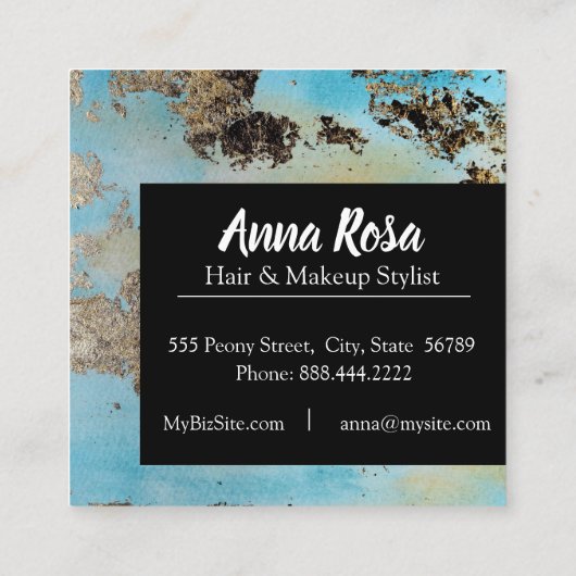 *Abstractの水彩画の青い銀製の黒い刺激 スクエア名刺 (裏面)