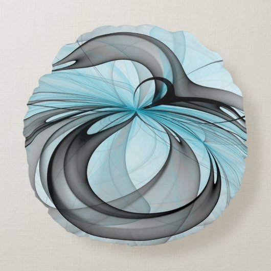 Abstract Anthracite Gray Blue Modern Fractal Art ラウンドクッション (正面)