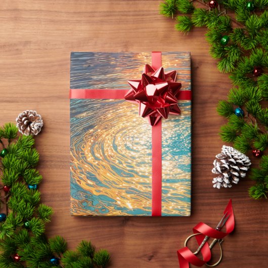 Abstract Aqua Waves with Golden Sunlight ラッピングペーパー (クリスマスギフト)