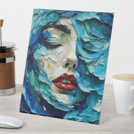 Abstract art painting female face ocean waves 台座サイン