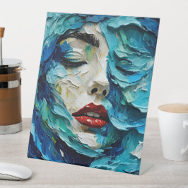 Abstract art painting female face ocean waves 台座サイン