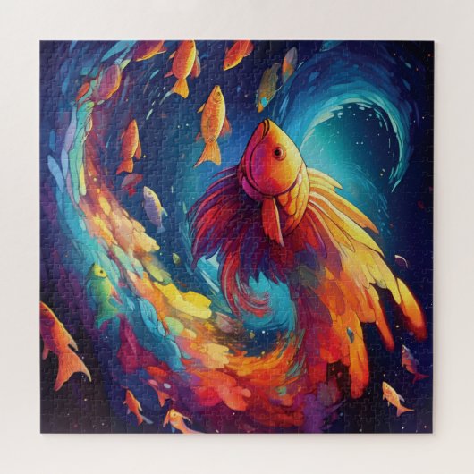 Abstract art with fish in space ジグソーパズル (横)