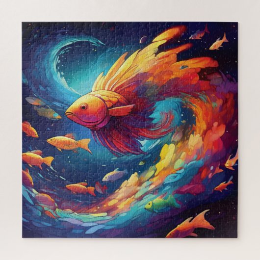 Abstract art with fish in space ジグソーパズル (縦)