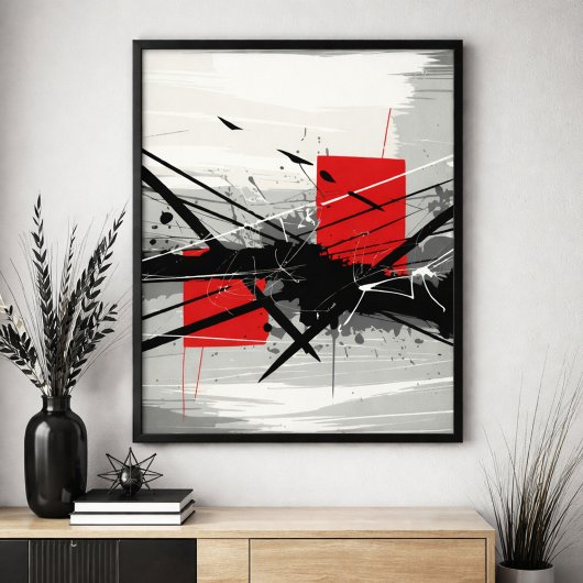 Abstract Art with Red Blocks & Black Strokes ポスター