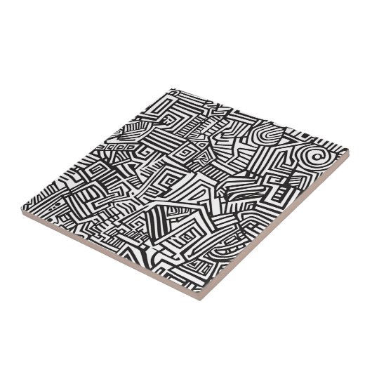 Abstract Black and White Geometric Line Pattern タイル (側面)