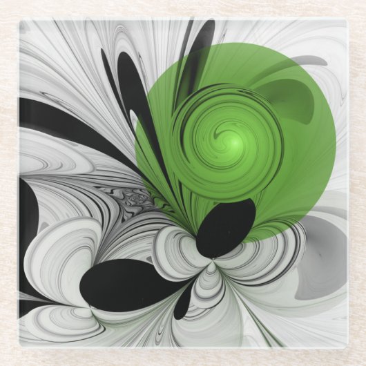Abstract Black and White with Green Fractal Art ガラスコースター (正面)