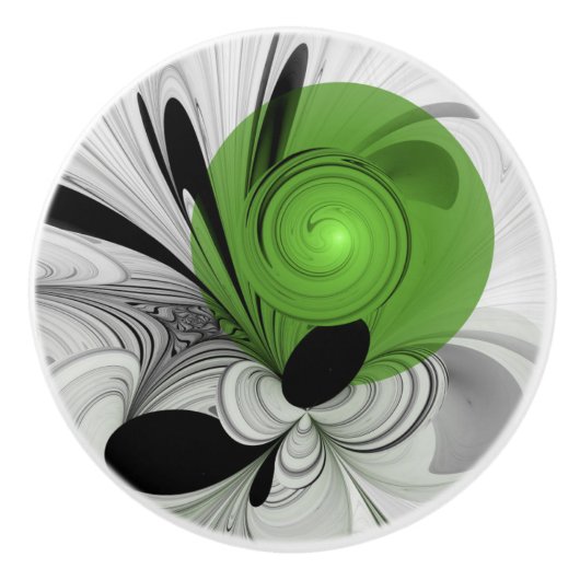 Abstract Black and White with Green Fractal Art セラミックノブ (正面)