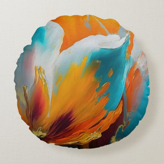 Abstract Bloom in Orange and Teal ラウンドクッション (正面)
