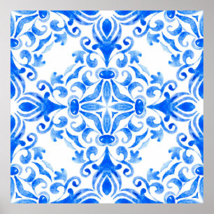 Abstract blue and white hand drawn tile seamless o ポスター