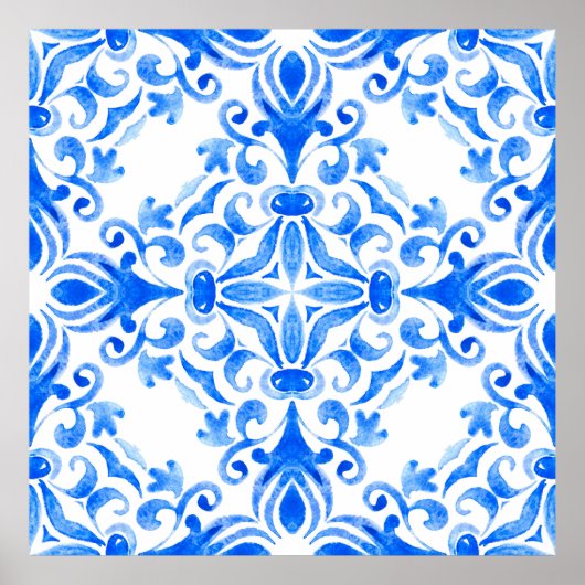 Abstract blue and white hand drawn tile seamless o ポスター (正面)