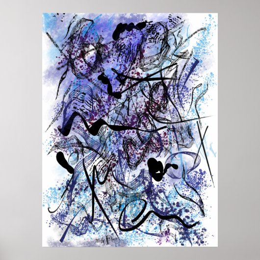 Abstract Blue Black Brushstrokes Splashes Wall Art ポスター (正面)