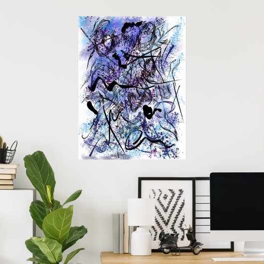 Abstract Blue Black Brushstrokes Splashes Wall Art ポスター (ホームオフィス)