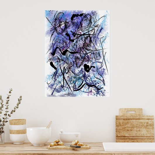 Abstract Blue Black Brushstrokes Splashes Wall Art ポスター (キッチン)