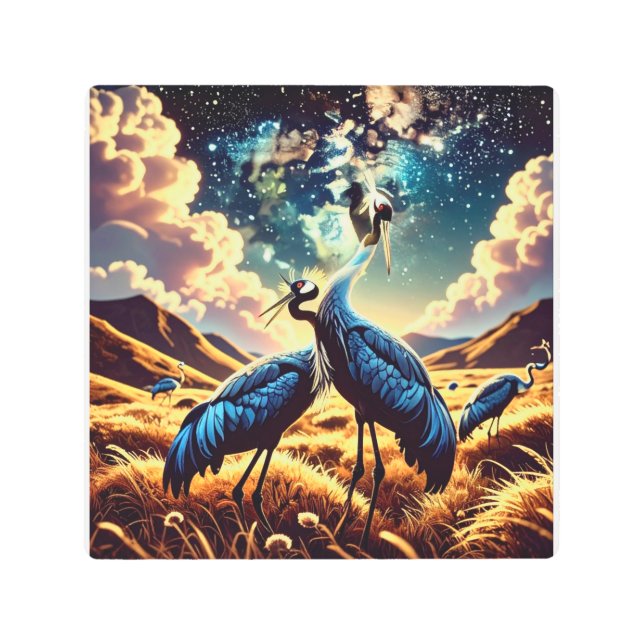 Abstract Blue Cranes – Artistic Nature Scene メタルプリント (正面)