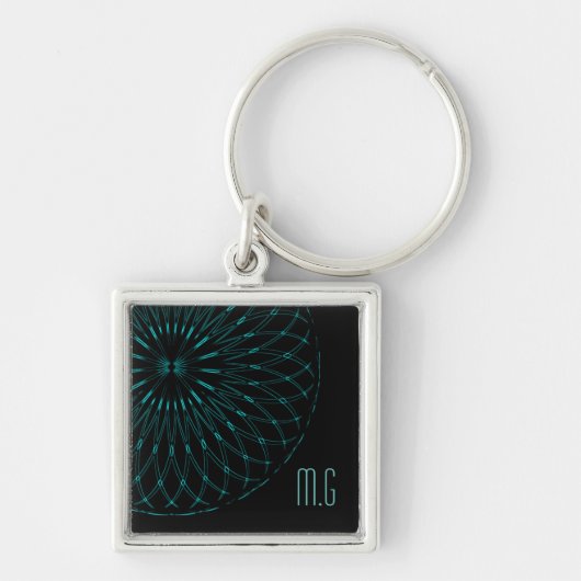 Abstract Blue Geometric Graphic Black Monogram キーホルダー (正面)