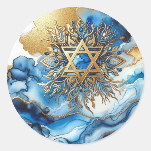 Abstract Blue Gold Contemporary Star Of David ラウンドシール (正面)