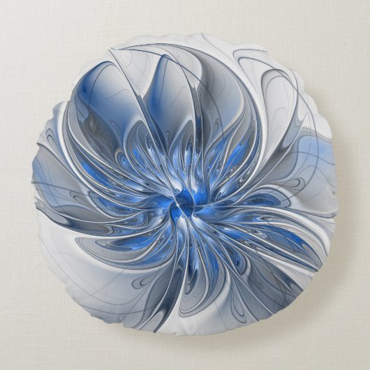 Abstract Blue Gray Watercolor Fractal Art Flower ラウンドクッション (正面)