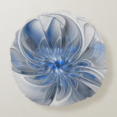 Abstract Blue Gray Watercolor Fractal Art Flower ラウンドクッション (裏面)