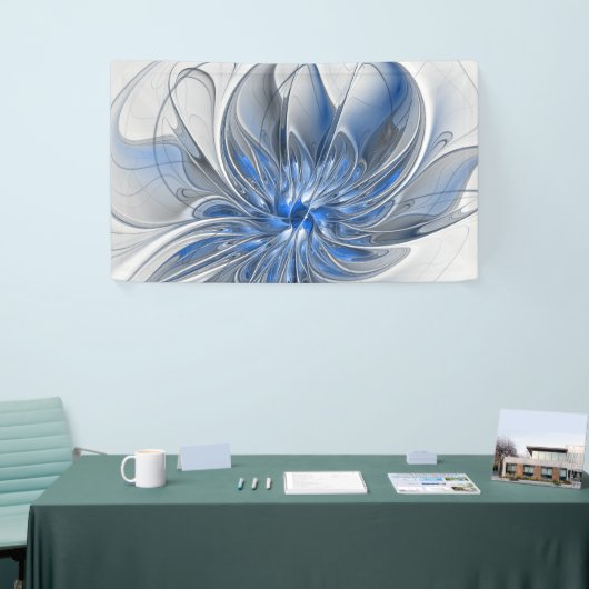 Abstract Blue Gray Watercolor Fractal Art Flower 横断幕 (トレードショー)