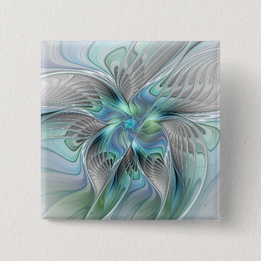 Abstract Blue Green Butterfly Fantasy Fractal Art 缶バッジ (正面)