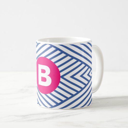 Abstract Blue Stripey Pattern Pink Monogram コーヒーマグカップ (正面右)