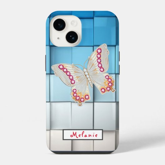 Abstract blue toned cubes Butterfly  Monogram  iPhoneケース (裏面)