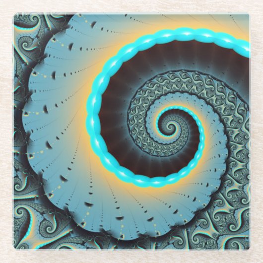 Abstract Blue Turquoise Orange Fractal Art Spiral ガラスコースター (正面)