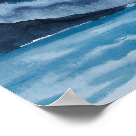 Abstract Blue Watercolor Landscape Mountains Ocean ポスター (角)