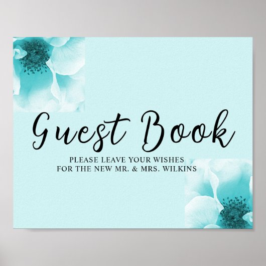 Abstract Blue & White Florals Guest book Sign ポスター (正面)
