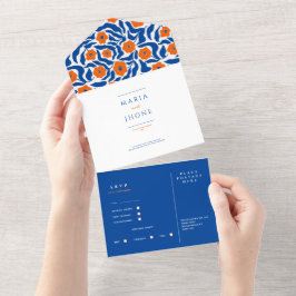 abstract botanical blue orange wedding RSVP All-in オールインワン招待状