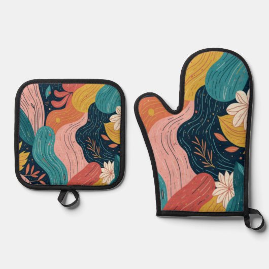 Abstract Botanical Flow - 鍋つかみ&鍋敷きセット (正面)