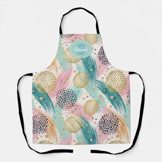 Abstract Brushstroke & Dot Pattern - Gold Accents エプロン (正面)