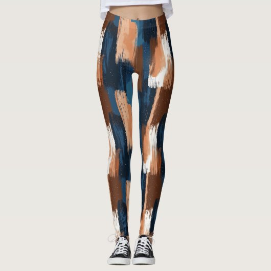Abstract Brushstrokes in Blue, White & Brown レギンス (正面)