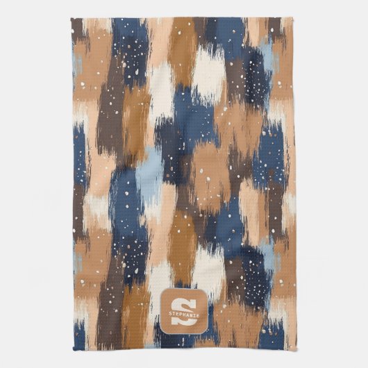 Abstract Brushstrokes in Blue, White & Brown (2) キッチンタオル (縦)