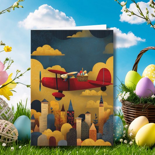 Abstract Bunny Flies Airplane Clouds Custom Easter カード