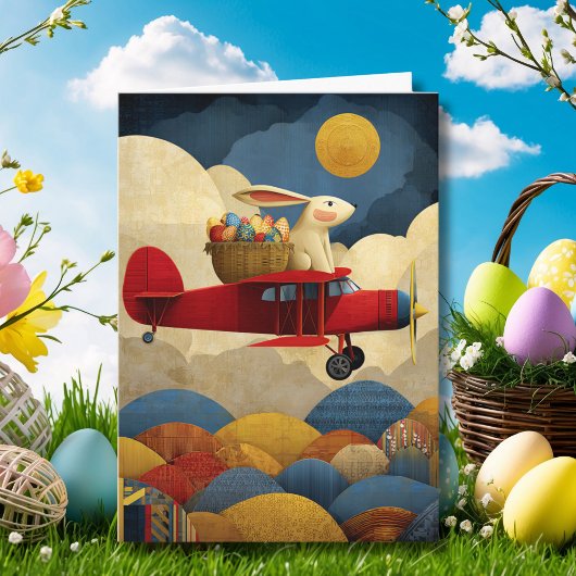 Abstract Bunny Flies Airplane Clouds Custom Easter カード