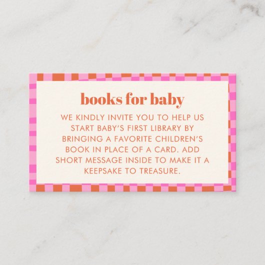 Abstract Check Pink Orange Baby Shower Books  エンクロージャーカード (正面)