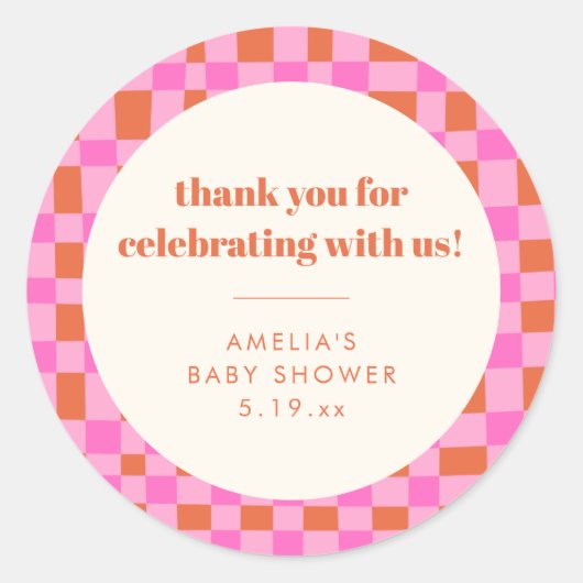 Abstract Checker Pink Custom Baby Shower Thank ラウンドシール (正面)