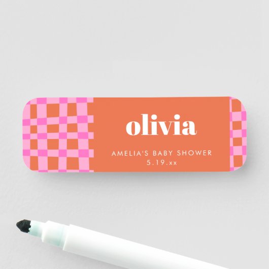 Abstract Checker Pink Orange Custom Baby Shower 名札 (インサイチュ)