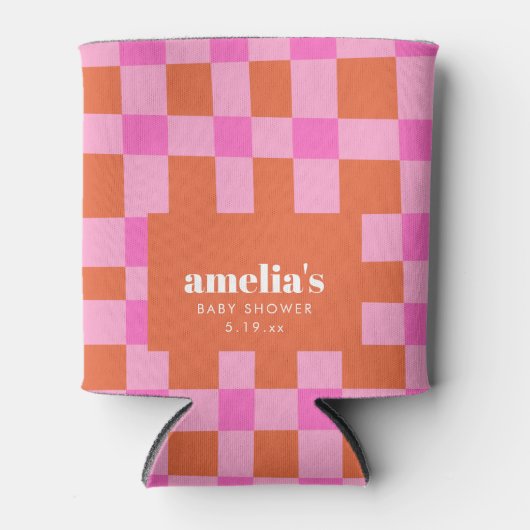 Abstract Checker Pink Orange Custom Baby Shower 缶クーラー (正面)