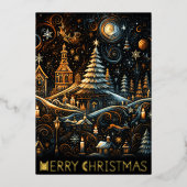 Abstract Christmas Village Chalk Drawing Night Sky 箔シーズンカード (正面)