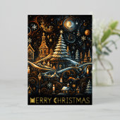 Abstract Christmas Village Chalk Drawing Night Sky 箔シーズンカード (立ち正面)