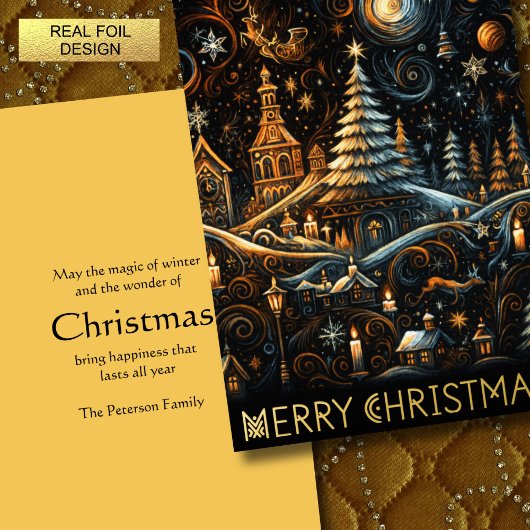 Abstract Christmas Village Chalk Drawing Night Sky 箔シーズンカード