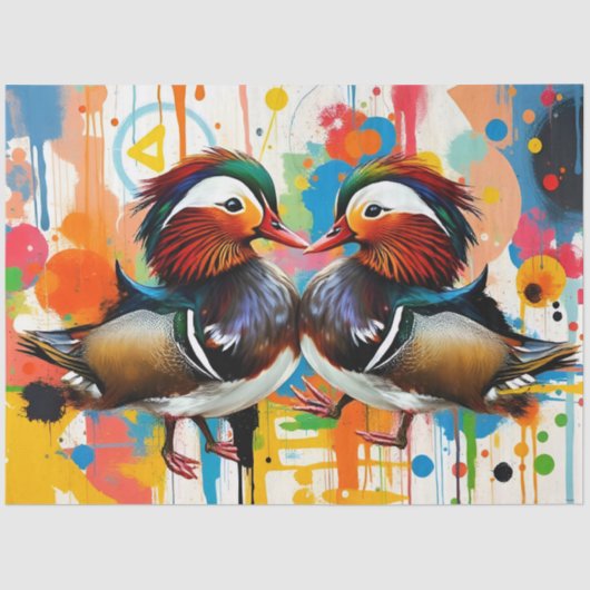 Abstract Colorful Mandarin Ducks Couple Decoupage 薄葉紙 (正面)