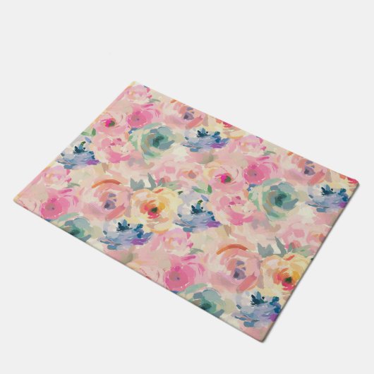 Abstract Colorful Pastel Flowers Floral Pattern ドアマット (アングル)