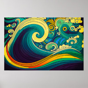 Abstract Colorful Retro 70s Hippie Waves Artwork ポスター