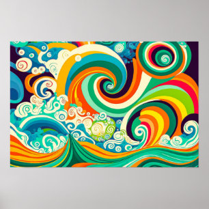 Abstract Colorful Retro 70s Hippie Waves Artwork ポスター