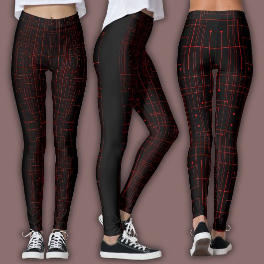 Abstract Cyber Pattern | Black & Crimson Circuit  レギンス