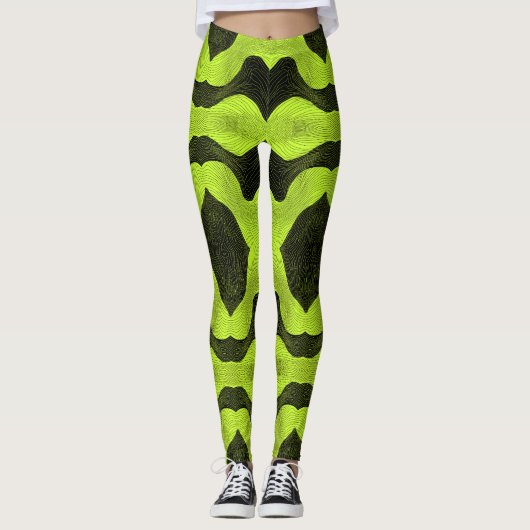 Abstract Cyber Pattern | Neon Lime & Black レギンス (正面)